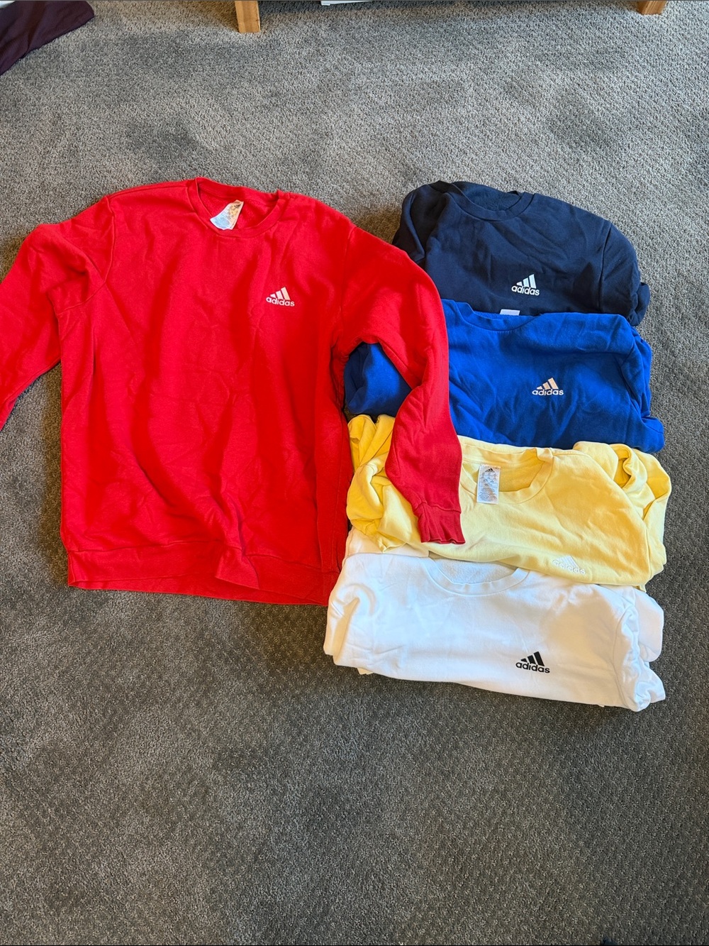 XXL men’s adidas fleece sweatshirt in red, navy, blue, yellow, and white
